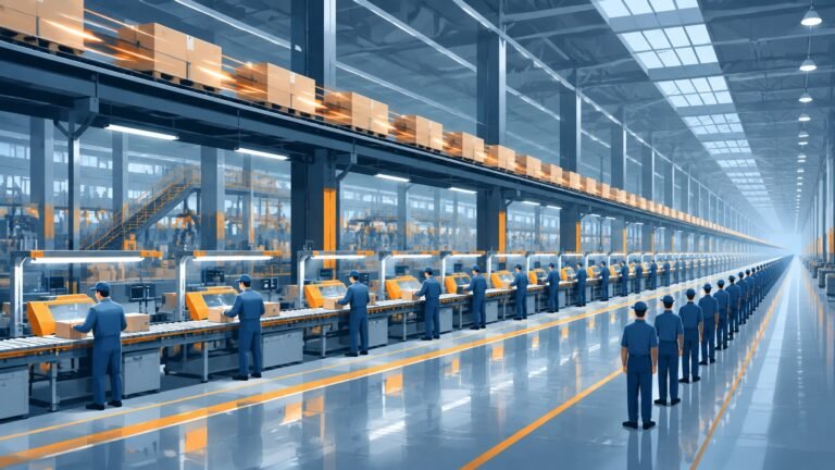 Illustration of identical workers at evenly spaced stations along a fast warehouse assembly line, with a queue of replacements behind them.