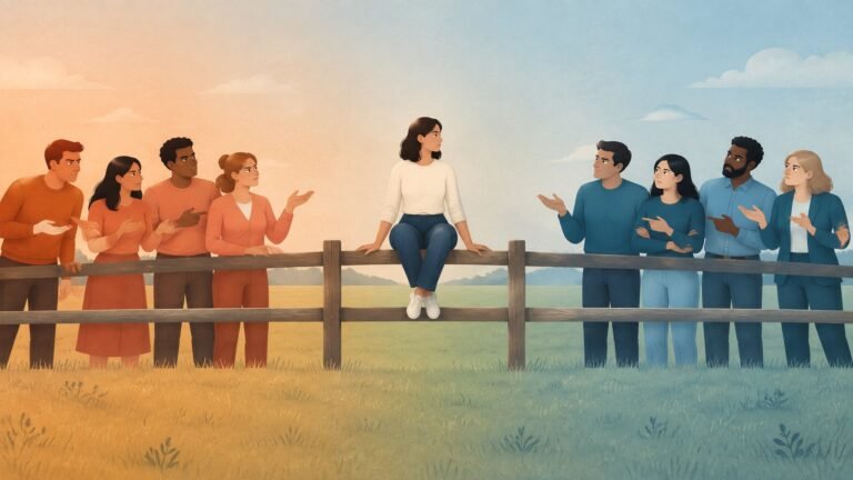 Illustration of a person sitting on a fence between two arguing groups who both eye them with suspicion.