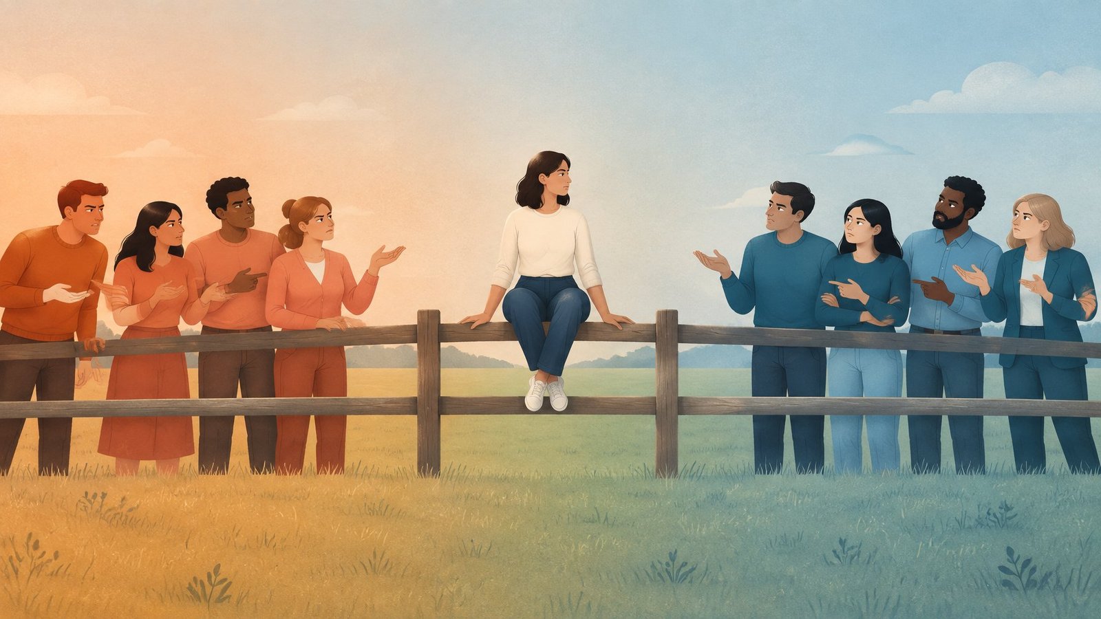 Illustration of a person sitting on a fence between two arguing groups who both eye them with suspicion.