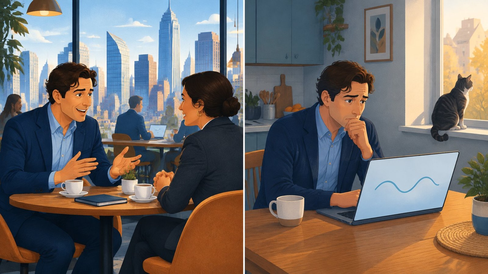 An analyst chats in person with an executive in a city cafe, contrasted with the same analyst working alone and uncertain at home.