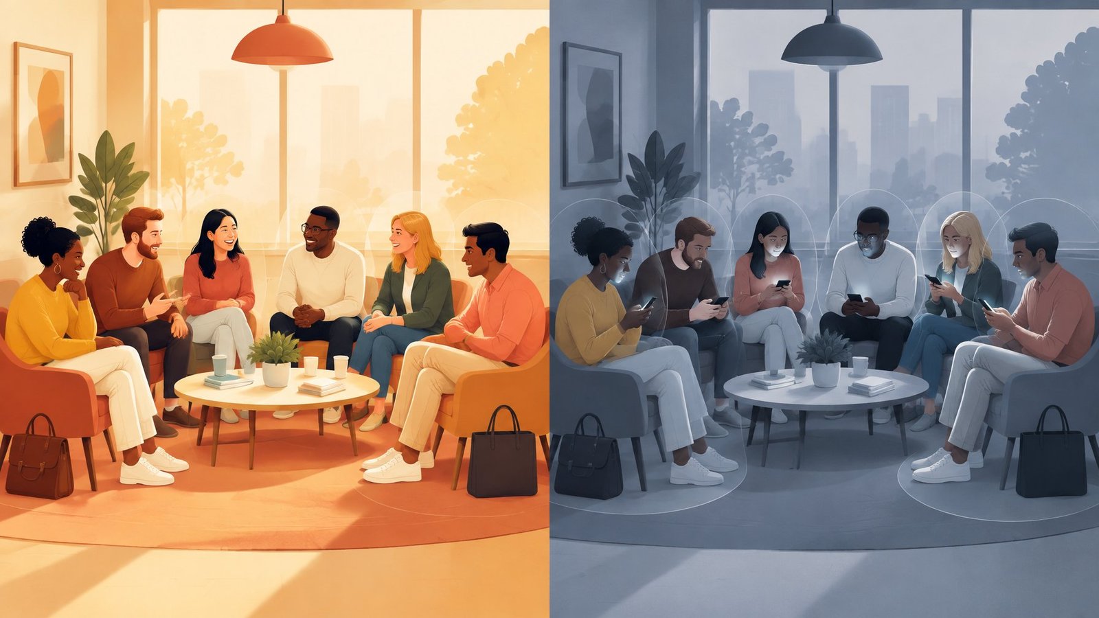 Illustration of strangers chatting without phones beside a silent group absorbed in their phones.