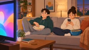Illustration of two students snacking on a couch, one watching TV with an emptying bowl, the other on a phone with a full bowl.