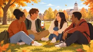 College students relaxing together on an autumn lawn, one holding a phone with a glowing sun icon.