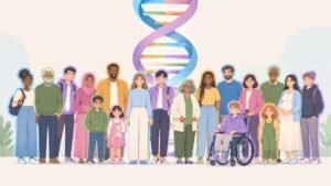 Illustration of a diverse crowd with coloured outlines in front of a DNA double helix with matching coloured rungs.
