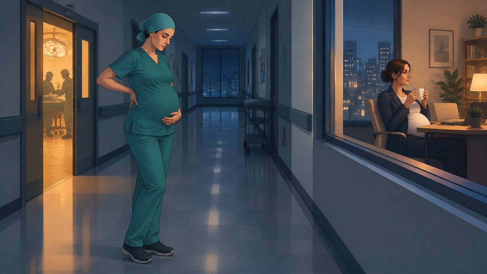 Illustration of a pregnant surgeon in scrubs resting a hand on her belly in a hospital corridor at night.