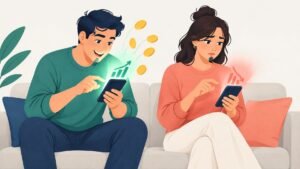 One person eagerly swipes a phone glowing green while another hesitates over a phone glowing red.