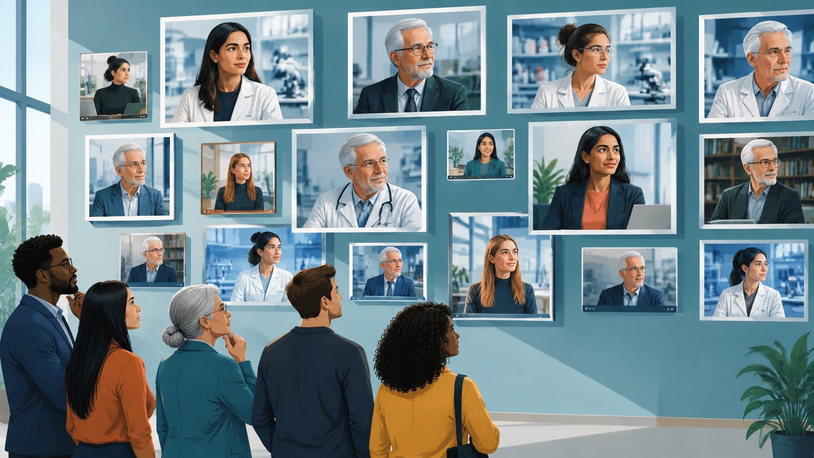 Illustration of a wall of online images showing young women and older men, viewed by a mixed-age group of real colleagues.