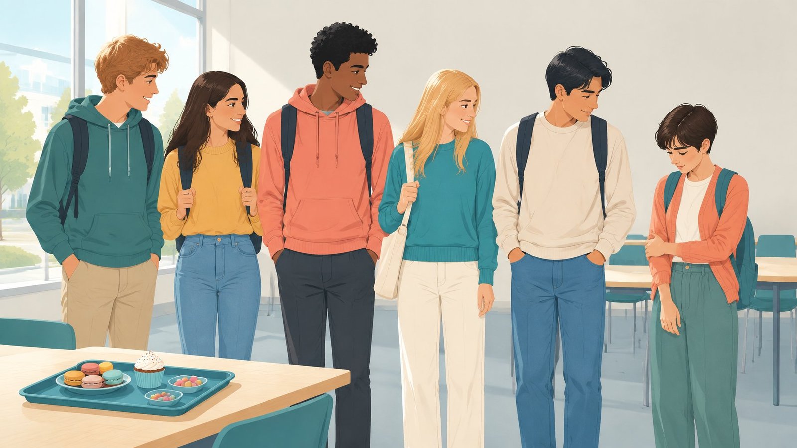 Illustration of a small teenager looking up at taller classmates in a classroom with a self-conscious expression.