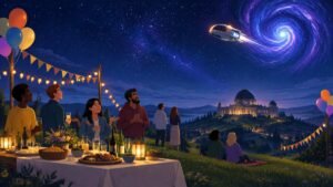 Illustration of a welcome party for time travellers on a hill while a distant time machine turns away.