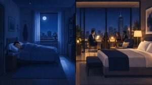 Illustration contrasting a man sleeping soundly in a modest home with a wealthier man still out socializing late at night.