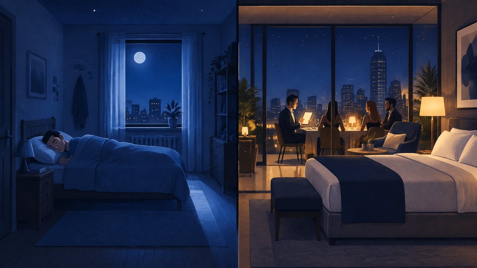 Illustration contrasting a man sleeping soundly in a modest home with a wealthier man still out socializing late at night.