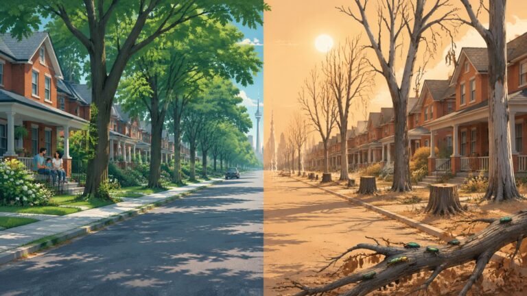 A street half shaded by leafy trees and half exposed to hot sun after its ash trees died.