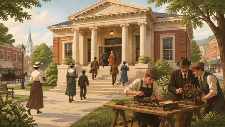 Townspeople carry books into a columned early 1900s public library while inventors work on machines nearby.
