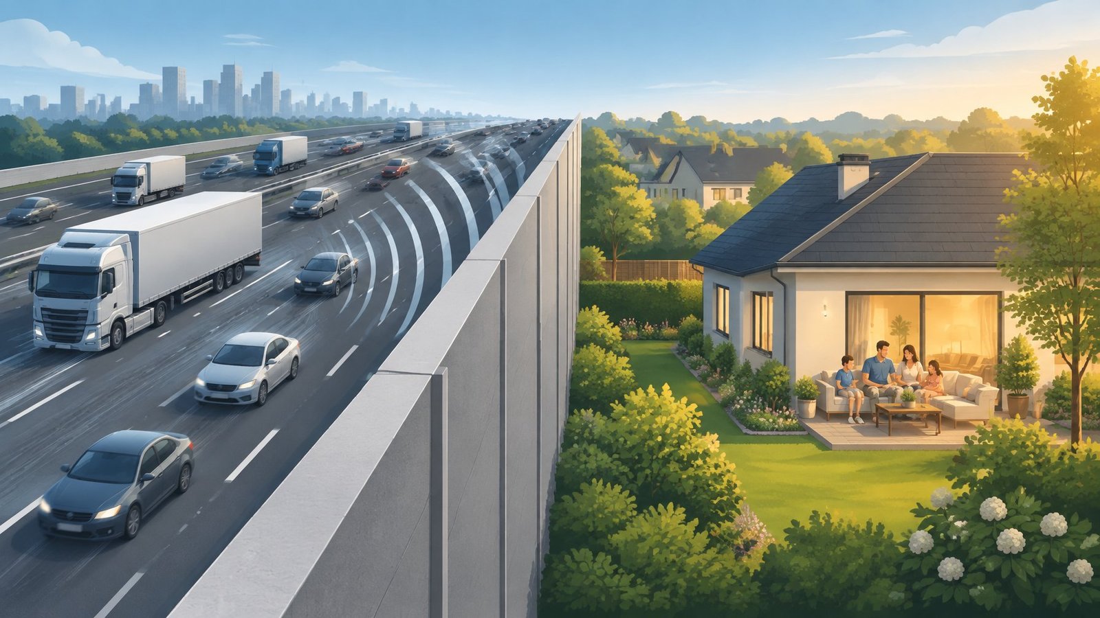 A sound barrier separates a busy highway from a quiet garden where a family relaxes.
