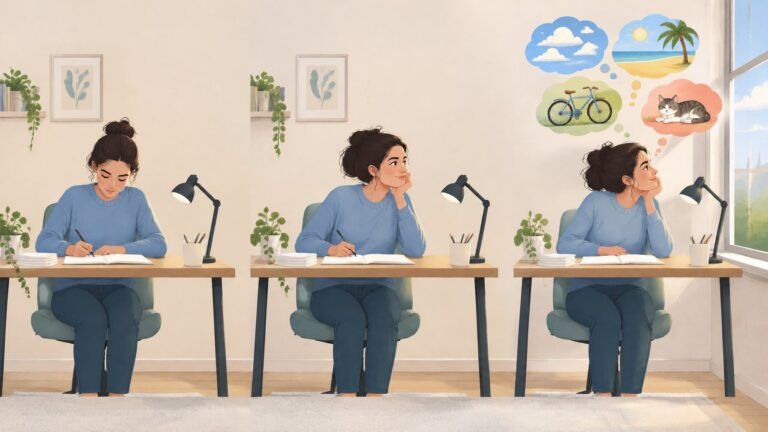 A person at a desk grows more distracted over time, with daydreams floating above their head.
