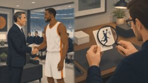 Illustration of a team owner greeting a veteran player beside a collector examining a basketball card.