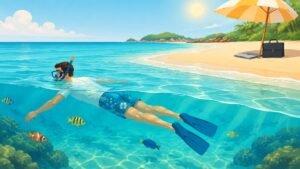 A refreshed worker snorkels in a sunny sea while a closed laptop sits forgotten on the beach.