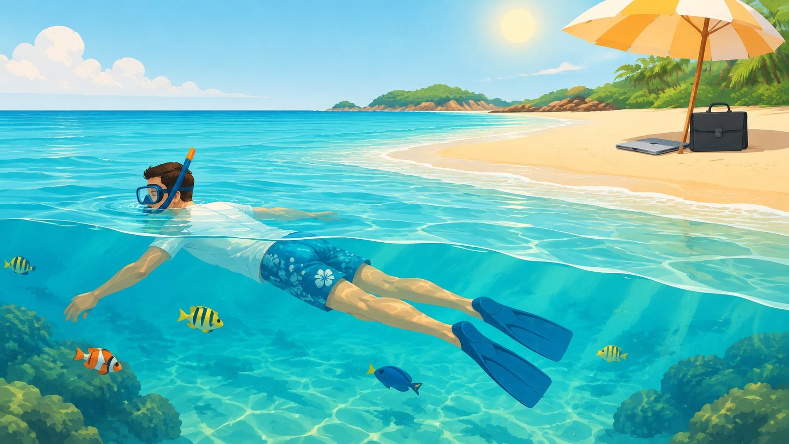 A refreshed worker snorkels in a sunny sea while a closed laptop sits forgotten on the beach.