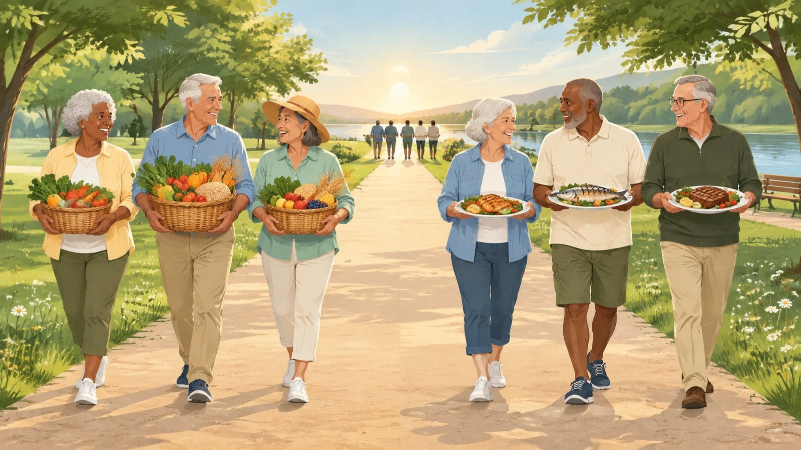 Two groups of older adults, one carrying vegetables and the other carrying meat and fish, walk side by side along the same long path.