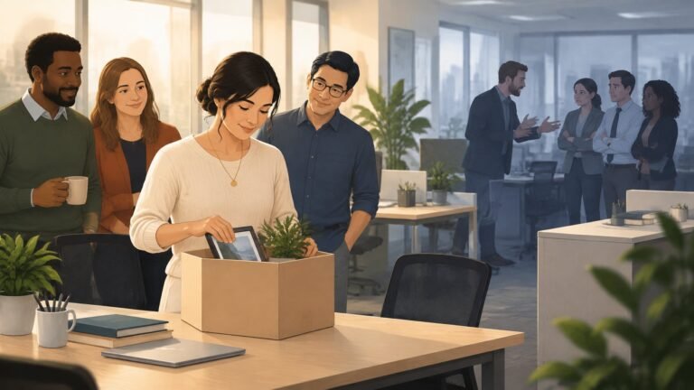 A calm office worker quietly packs a box while colleagues watch approvingly and another worker complains loudly in the background.