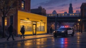 A small discount store on a Chicago street at dusk with a police car parked outside.