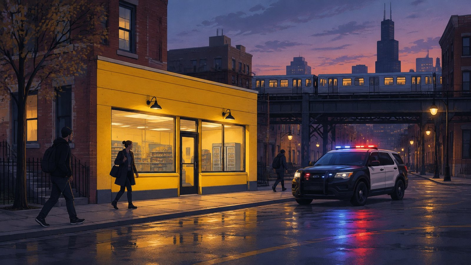 A small discount store on a Chicago street at dusk with a police car parked outside.