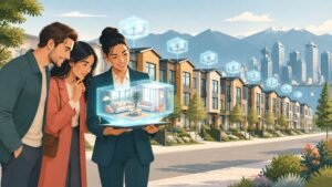 Illustration of an agent showing buyers a holographic home tour in a row of houses that all offer the same feature.