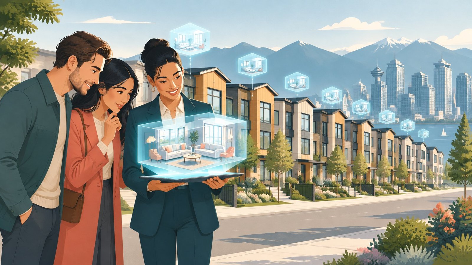 Illustration of an agent showing buyers a holographic home tour in a row of houses that all offer the same feature.