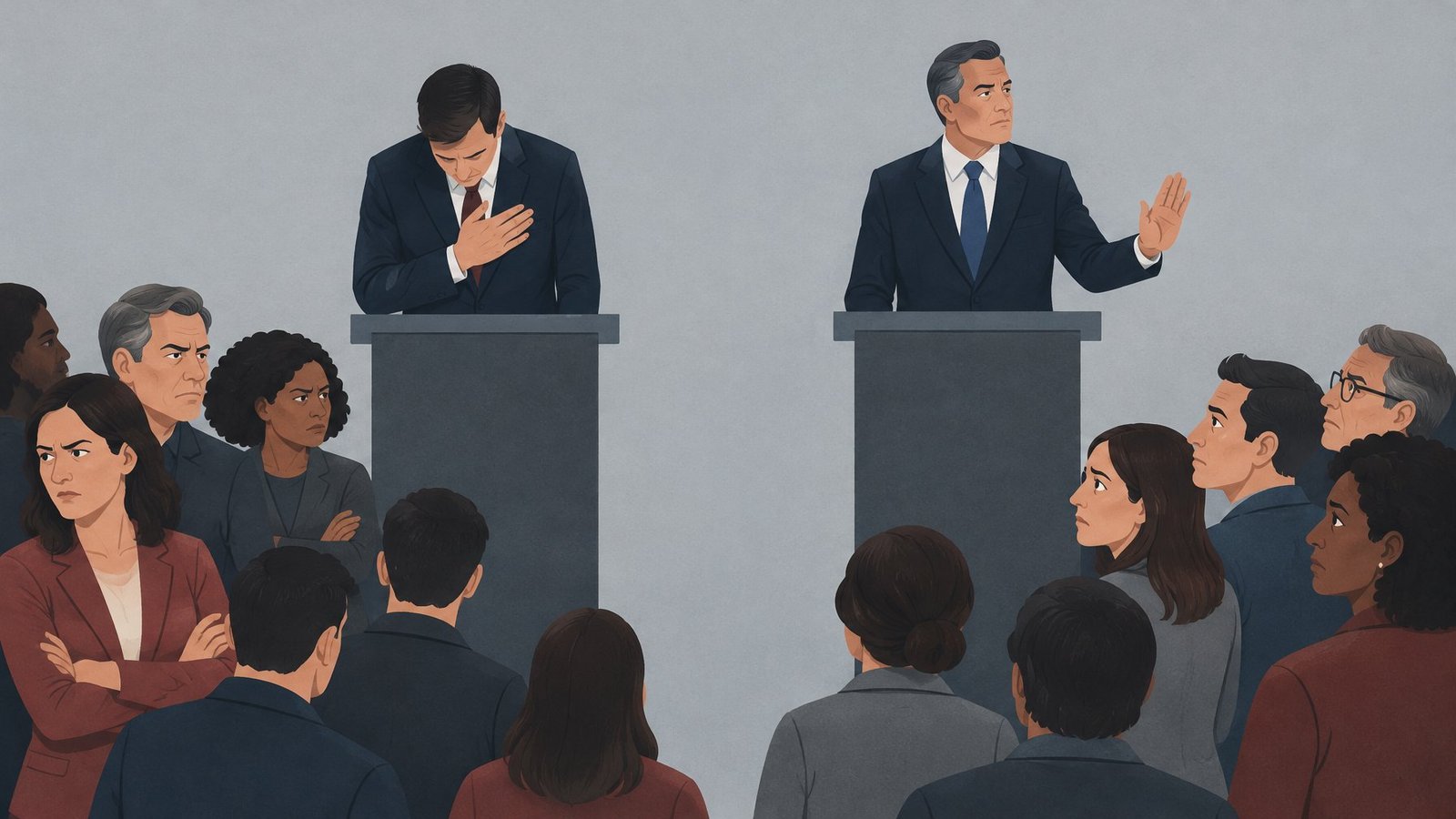Two politicians at podiums, one apologizing to a crowd that turns away and one denying to a crowd that stays.