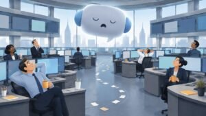 Traders on a trading floor pausing while a dimmed chatbot bubble floats overhead.