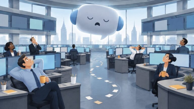 Traders on a trading floor pausing while a dimmed chatbot bubble floats overhead.