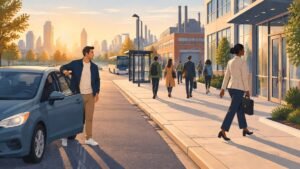 A rideshare driver dropping a commuter at an office building on a sunny city street.