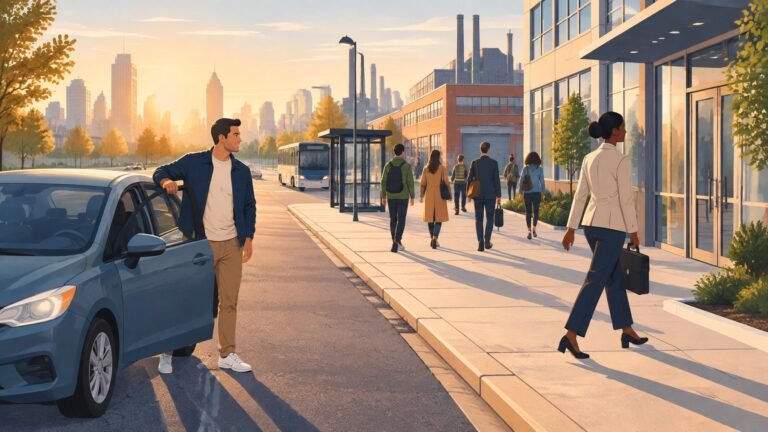 A rideshare driver dropping a commuter at an office building on a sunny city street.