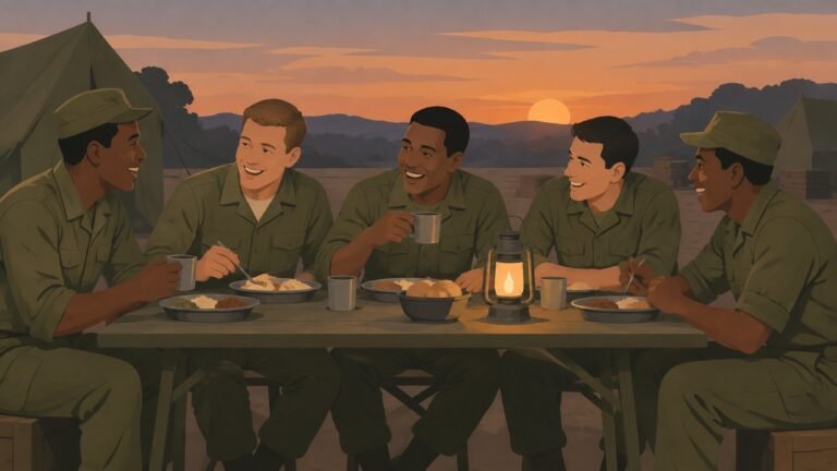 Illustration of Black and white soldiers in 1960s uniforms sharing a meal together at a camp.