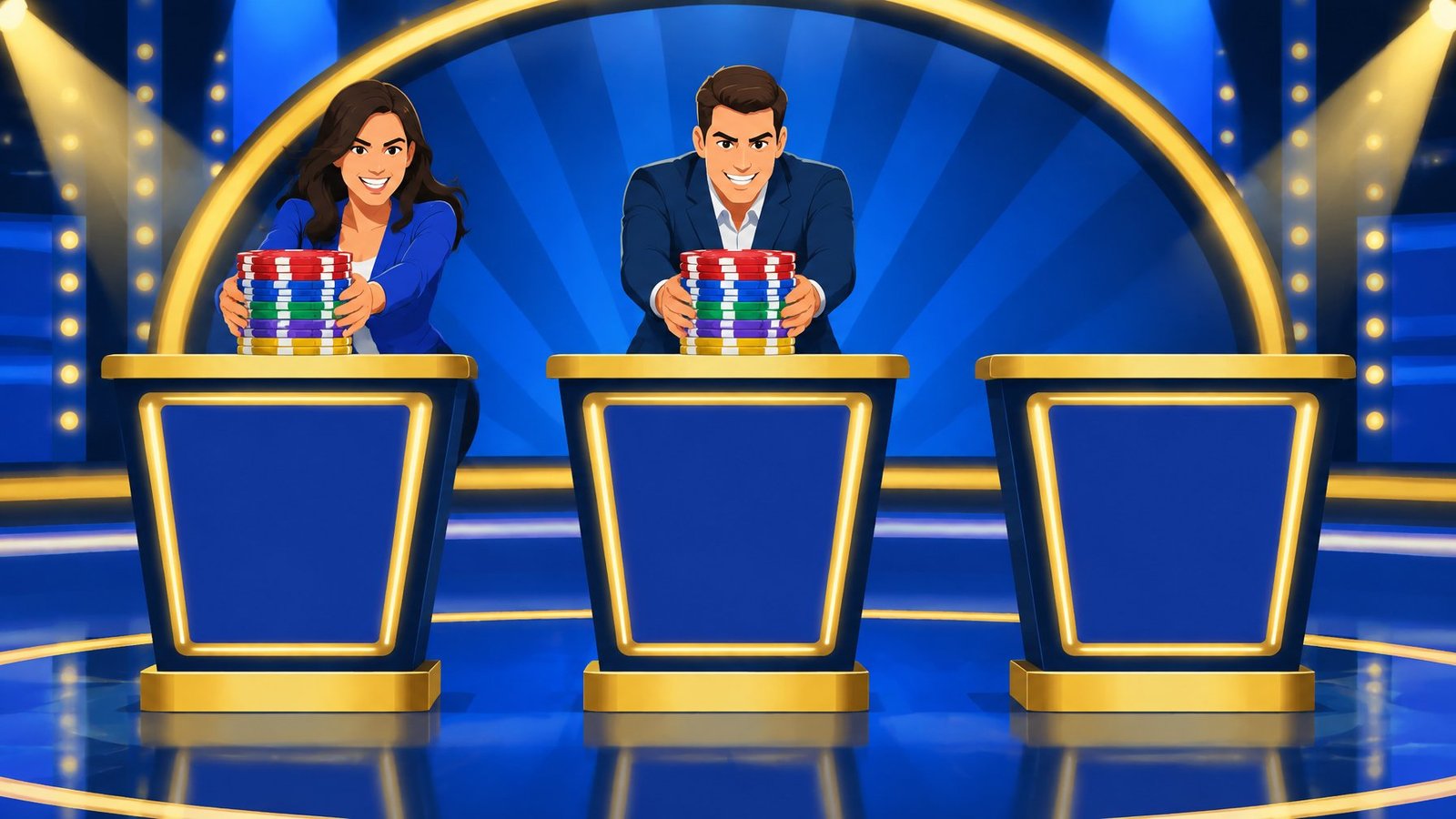 A woman and a man at quiz show podiums both pushing large stacks of chips forward.