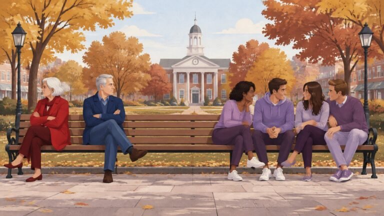 Three generations of Americans on a park bench, older people turned sharply away from each other while younger ones sit closer together.