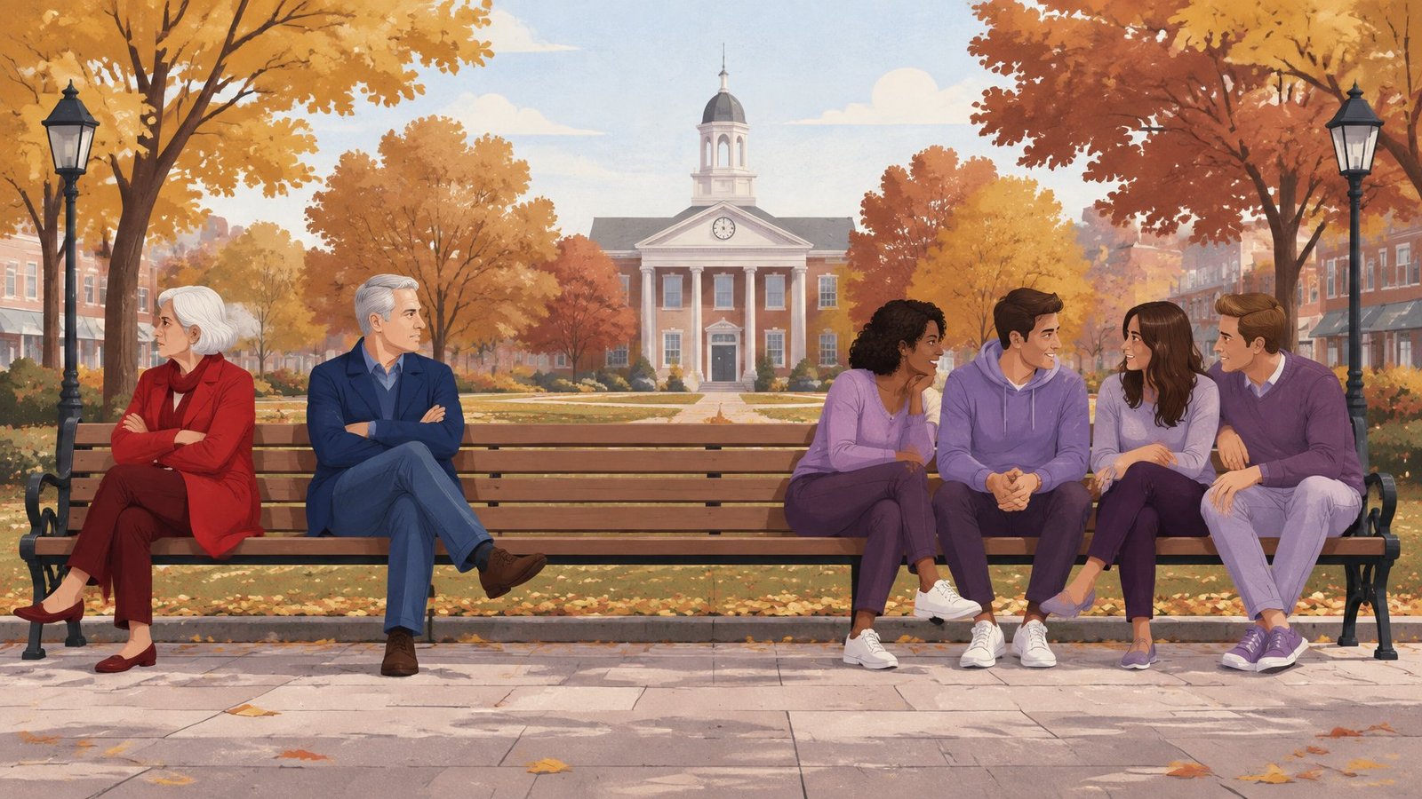 Three generations of Americans on a park bench, older people turned sharply away from each other while younger ones sit closer together.