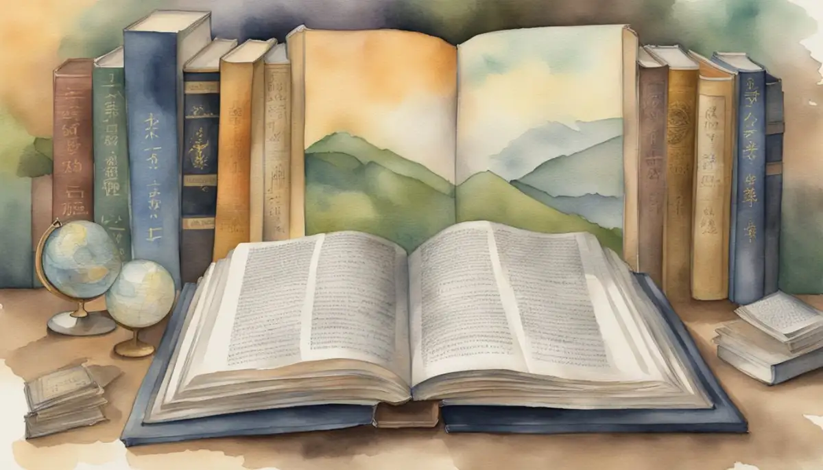 A book with "Rizz Etymology and Recognition" on the cover, surrounded by various language dictionaries