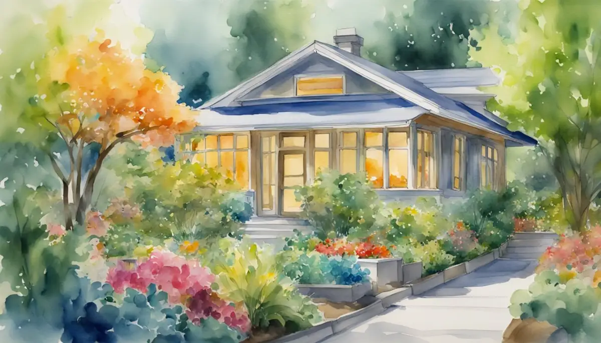 Chihuly's childhood home, a quaint bungalow surrounded by lush greenery. A young Chihuly, immersed in books and art supplies, sits at a table, creating colorful glass sculptures