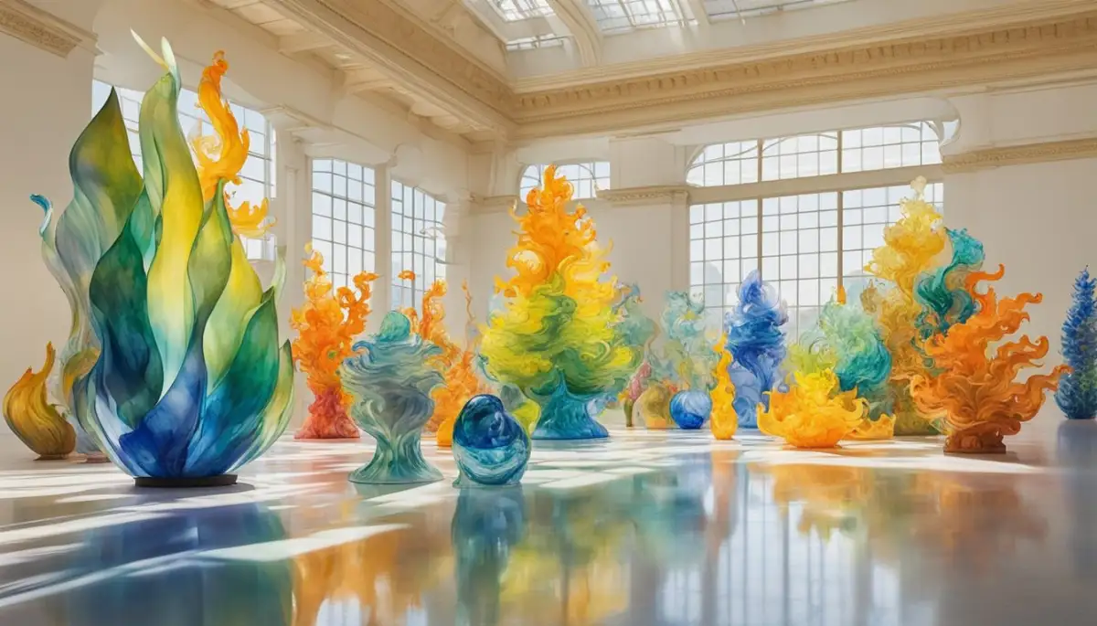 Colorful glass sculptures fill a grand exhibition hall, reflecting light and casting vibrant shadows. Visitors stand in awe, surrounded by the legacy and impact of Dale Chihuly's breathtaking art