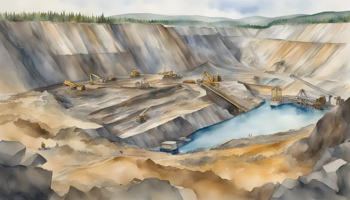 The vast open-pit mine scars the landscape, with heavy machinery tearing into the earth. Toxic runoff pollutes nearby water sources, while displaced wildlife struggle to find new habitats. The surrounding community faces health risks and economic disruption