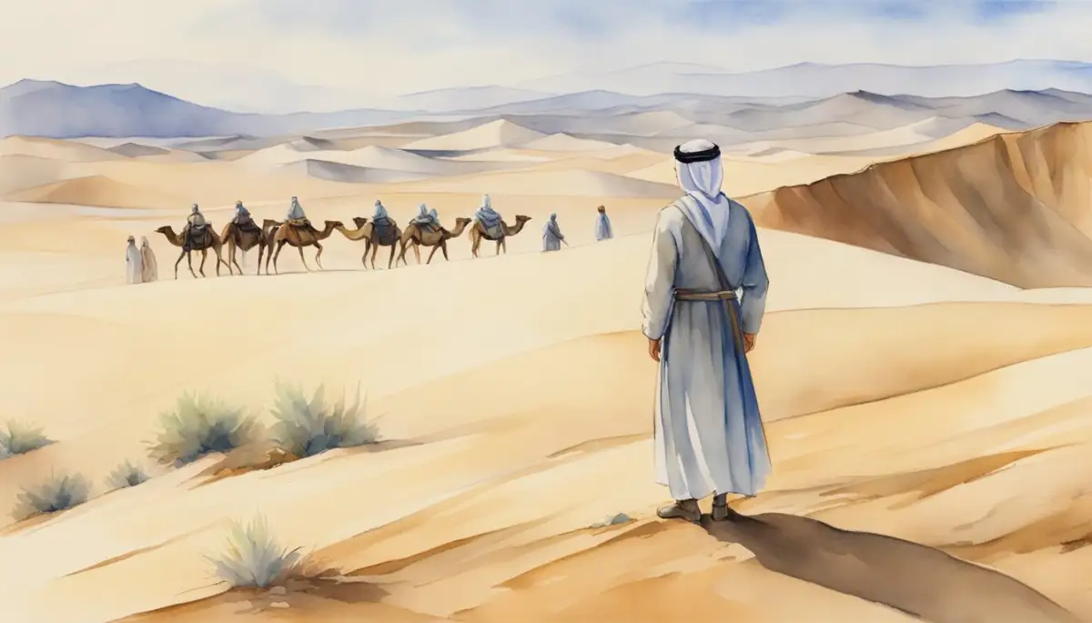 T.E. Lawrence standing in the desert, surrounded by sand dunes and a vast open sky, with a traditional Arab tent and camels in the background