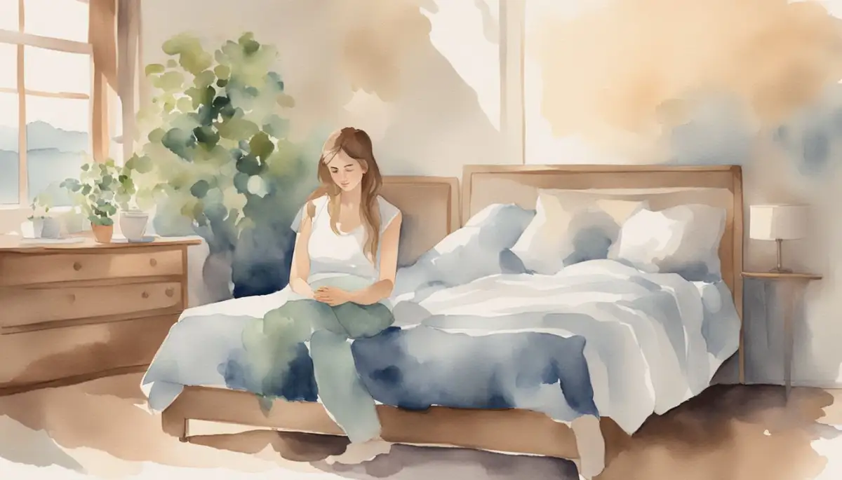 A woman sits on a bed, holding her stomach with a pained expression. A calendar on the wall shows the date of conception