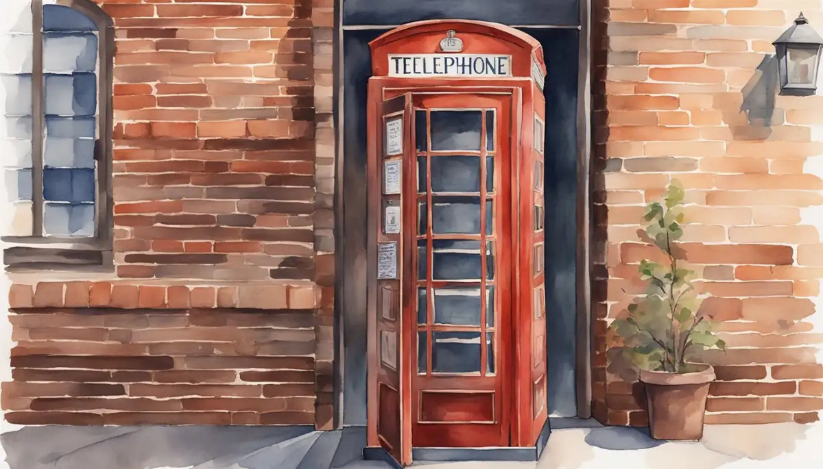 A red phone booth stands against a brick wall. A vintage sign above reads "Telephone." The booth is weathered and worn, with chipped paint and a slightly crooked door
