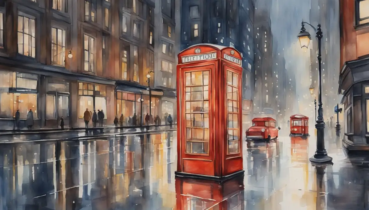 A red phone booth stands alone in a rainy city street, its glass panes reflecting the shimmering lights of the surrounding buildings