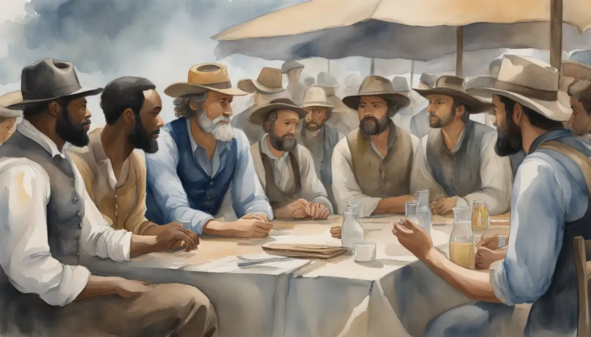 A group of diverse individuals gather around a table, discussing the impact of the Free State of Jones on their cultural and historical identity