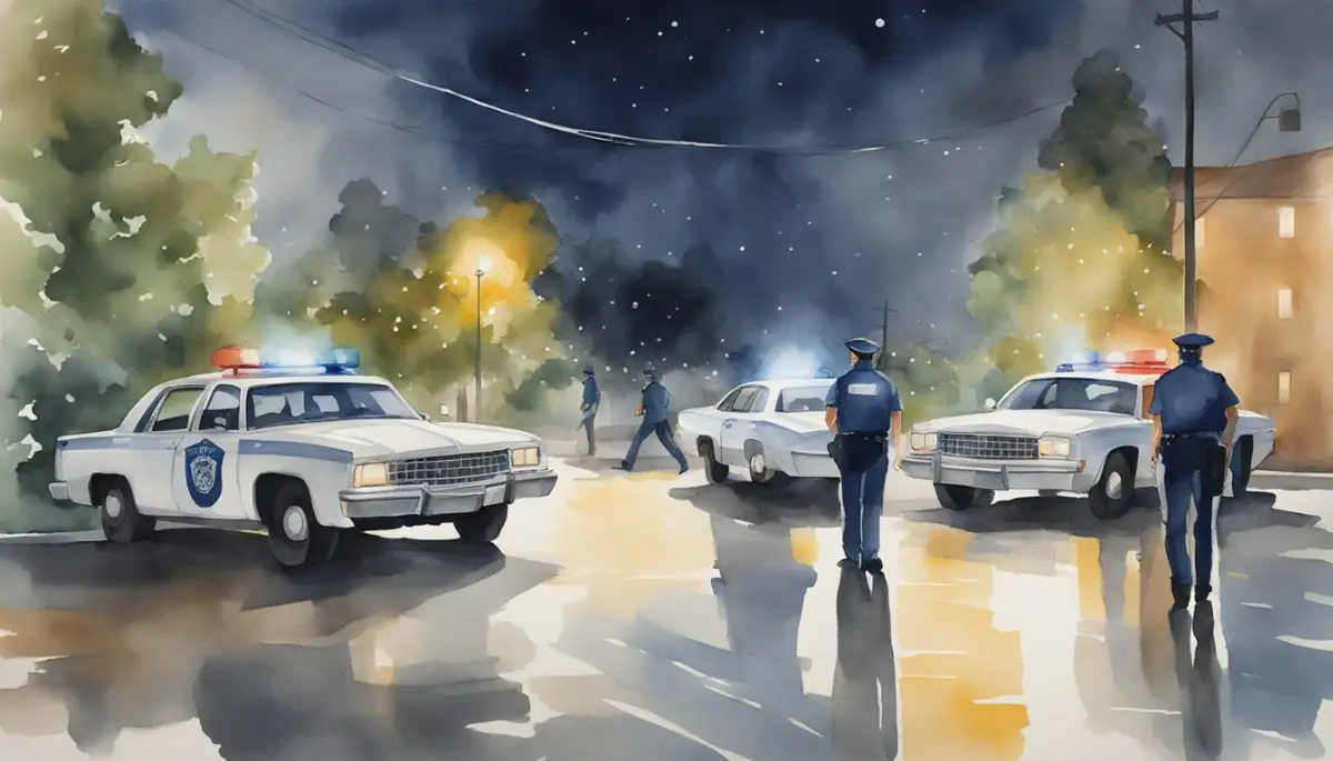 A neighborhood watch group patrols the streets at night, shining flashlights and checking for any signs of suspicious activity. Police cars are parked strategically, ready to respond to any emergency