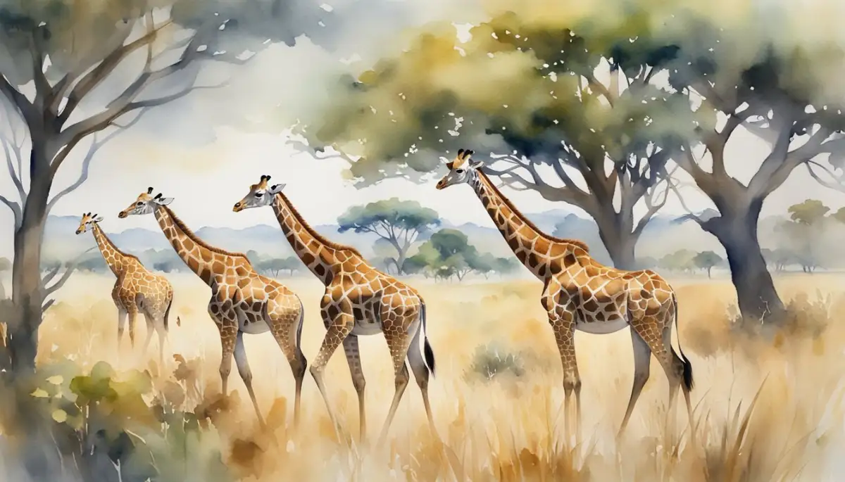 Giraffes roam vast grasslands, their long necks stretching to reach leaves. Herds gather near watering holes, while conservation efforts strive to prevent extinction