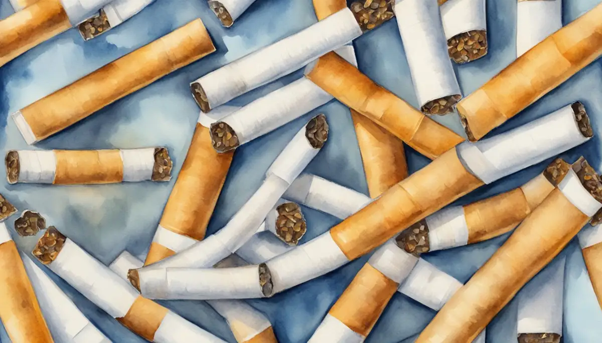 A group of cigarettes with a large, bold percentage sign next to them, representing the statistical risk of lung cancer for smokers