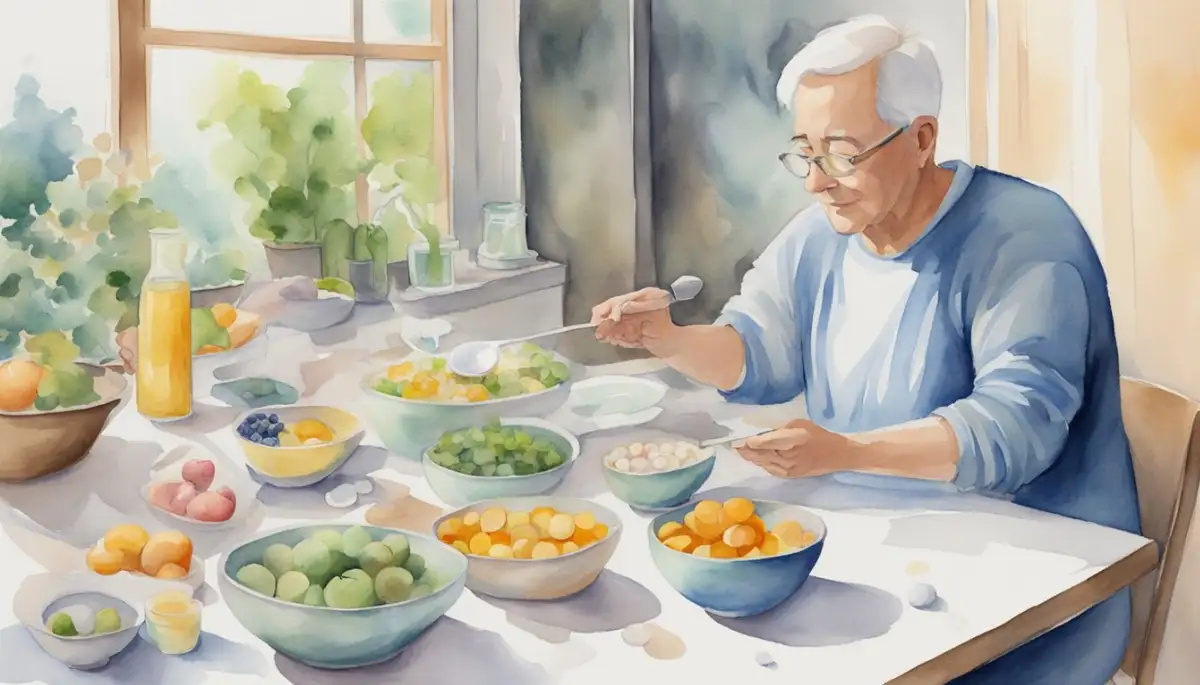 A person taking daily medication, exercising, and eating a balanced diet to manage their health post-TIA for longevity